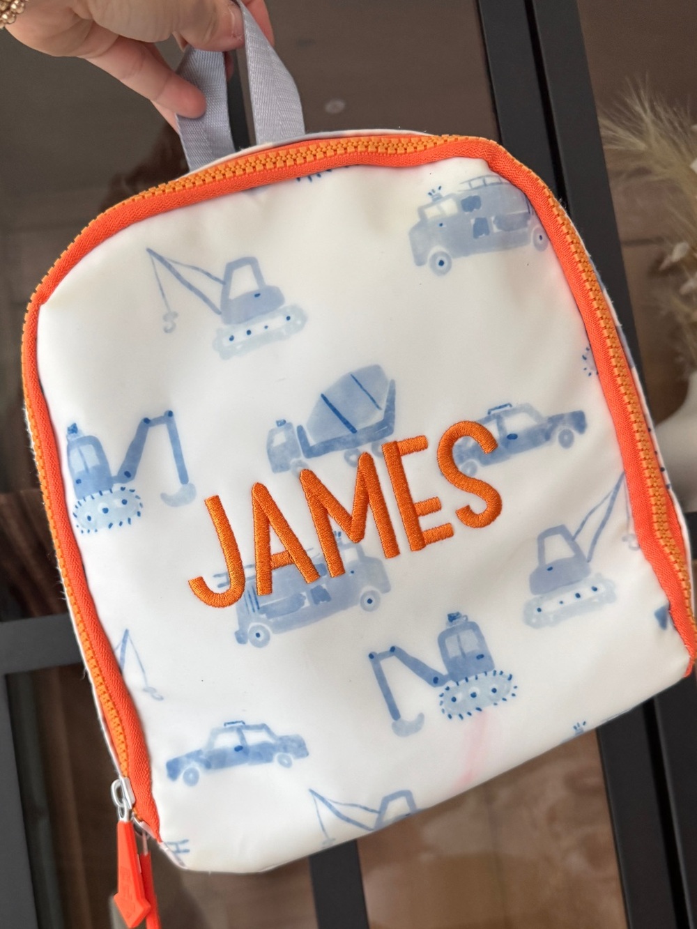 James TRVL lunch bag bring it digger construction vehicles monogram embroidered